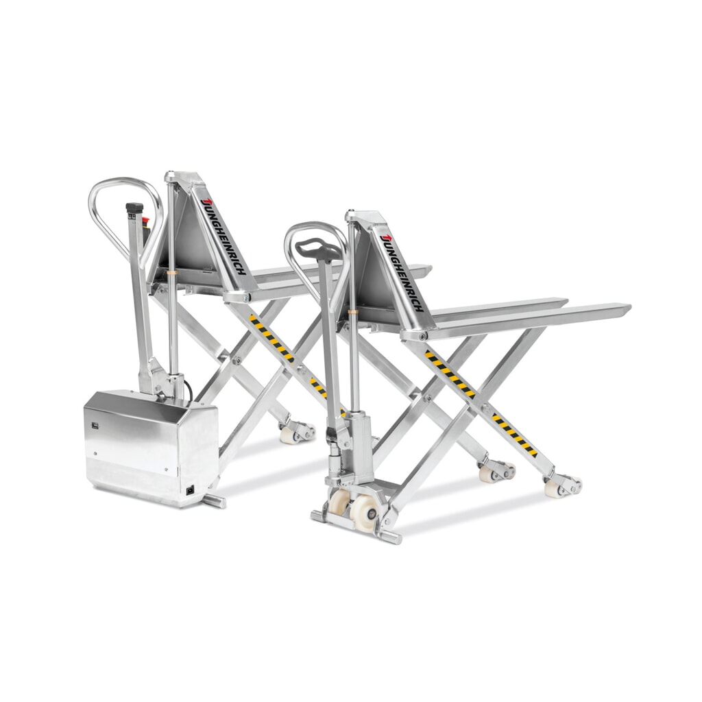 Transpallet a pantografo in acciaio inox Jungheinrich AM I15ep, portata professionale 1.500 kg, lunghezza forche 1.200 mm, nylon Immagine del prodotto: Transpallet a pantografo in acciaio inox Jungheinrich AM I15ep, portata professionale 1.500 kg, lunghezza forche 1.200 mm, nylon