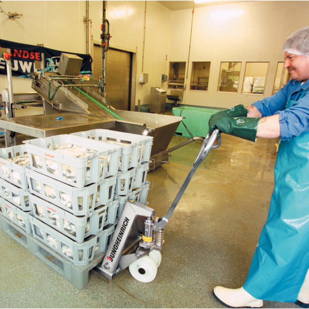 Immagine del prodotto n. 4: Transpallet manuale in acciaio inox Jungheinrich AM I20, portata 2.000 kg, lunghezza forche 810 mm, poliuretano, rulli tandem