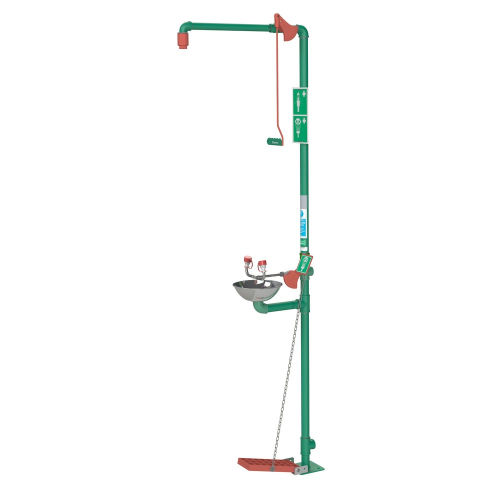 Immagine del prodotto: Justrite® combinazione doccia corpo/occhi 18G85GD Hughes, con lavatoio di raccolta, modello a colonna, per interni, acciaio zincato