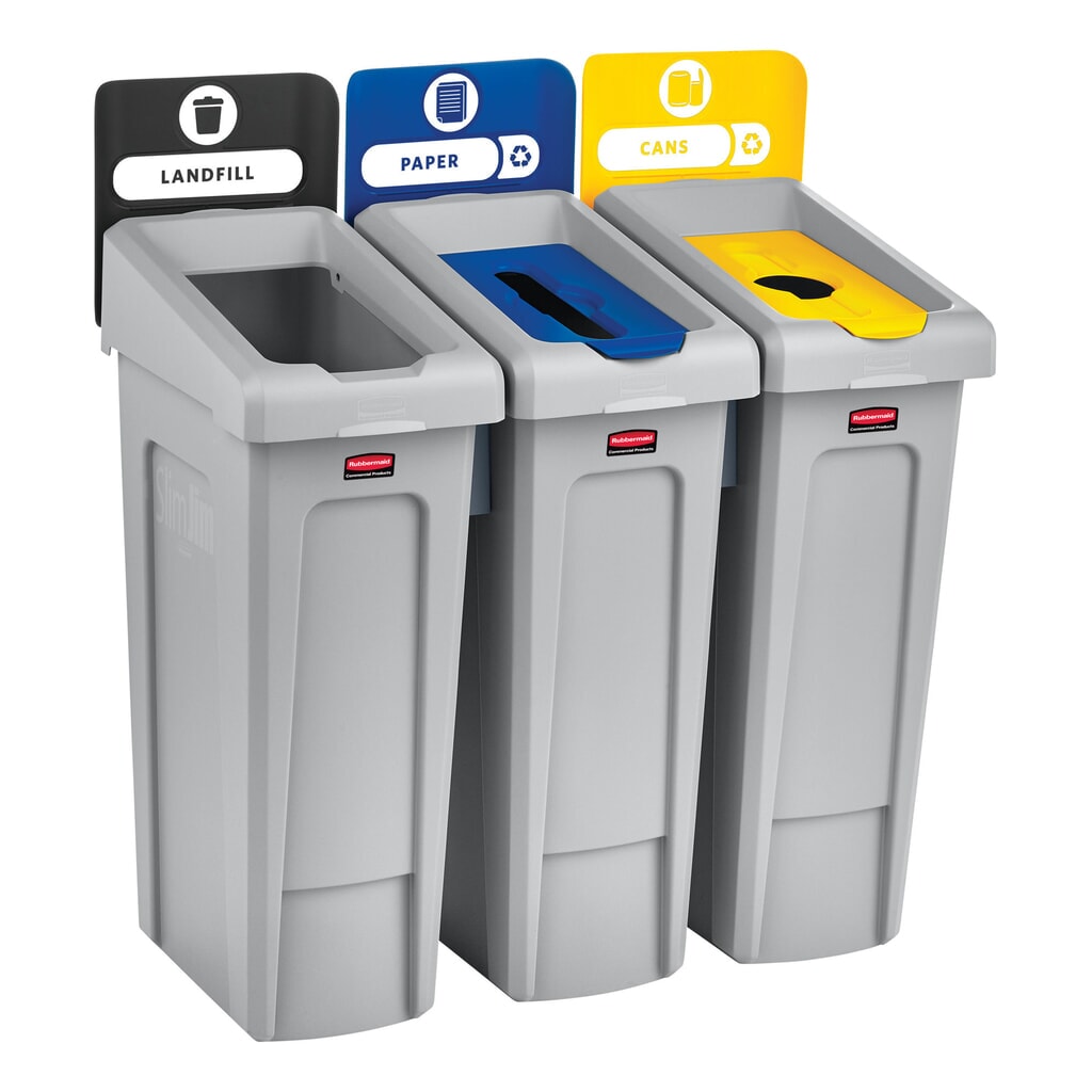Kit di base per stazione di riciclaggio Rubbermaid® Slim Jim, con contenitore per materiali riciclabili da 87 litri, con coperchio aperto, con connettore a innesto Immagine del prodotto n. 6: Kit di base per stazione di riciclaggio Rubbermaid® Slim Jim, con contenitore per materiali riciclabili da 87 litri, con coperchio aperto, con connettore a innesto