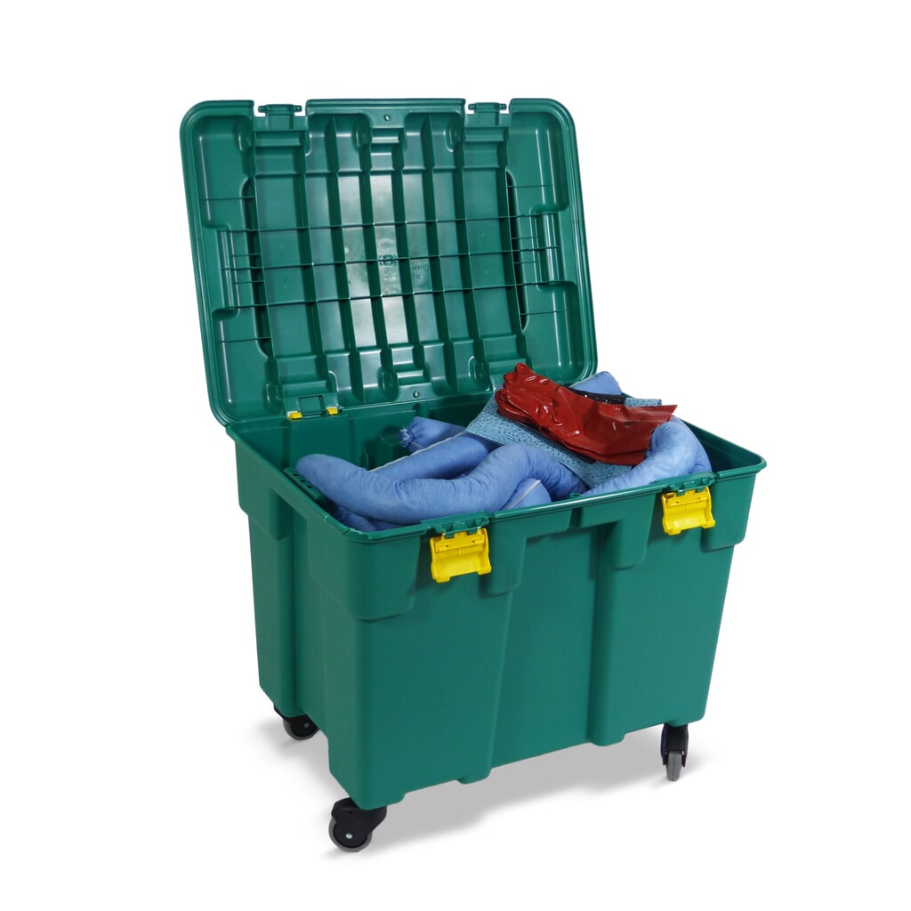 Kit di emergenza oli in contenitore con ruote, capacità di assorbimento 150 l, blu Immagine del prodotto: Kit di emergenza oli in contenitore con ruote, capacità di assorbimento 150 l, blu