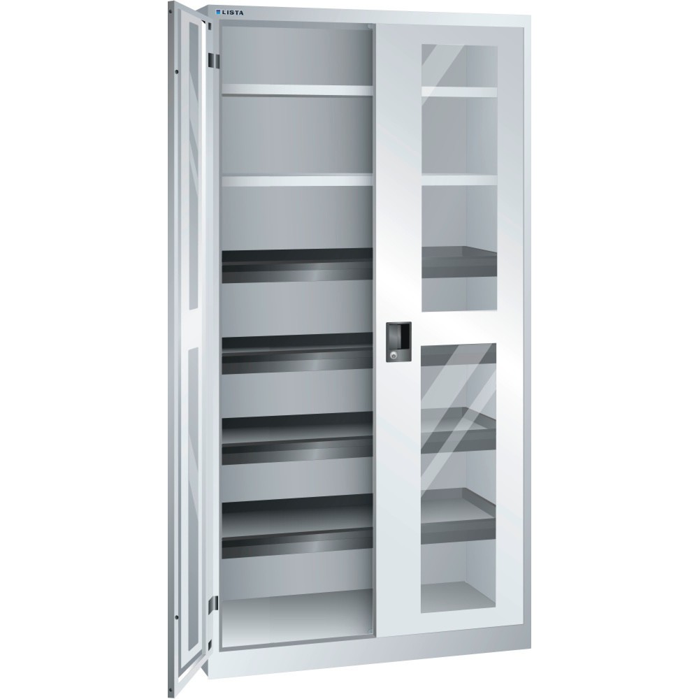 Immagine del prodotto: LISTA Armadio con ante battenti con finestra, (LxPxH) 1000x580x1950mm, 4 vani estraibili, 2 ripiani regolabili, grigio chiaro, KEY Lock