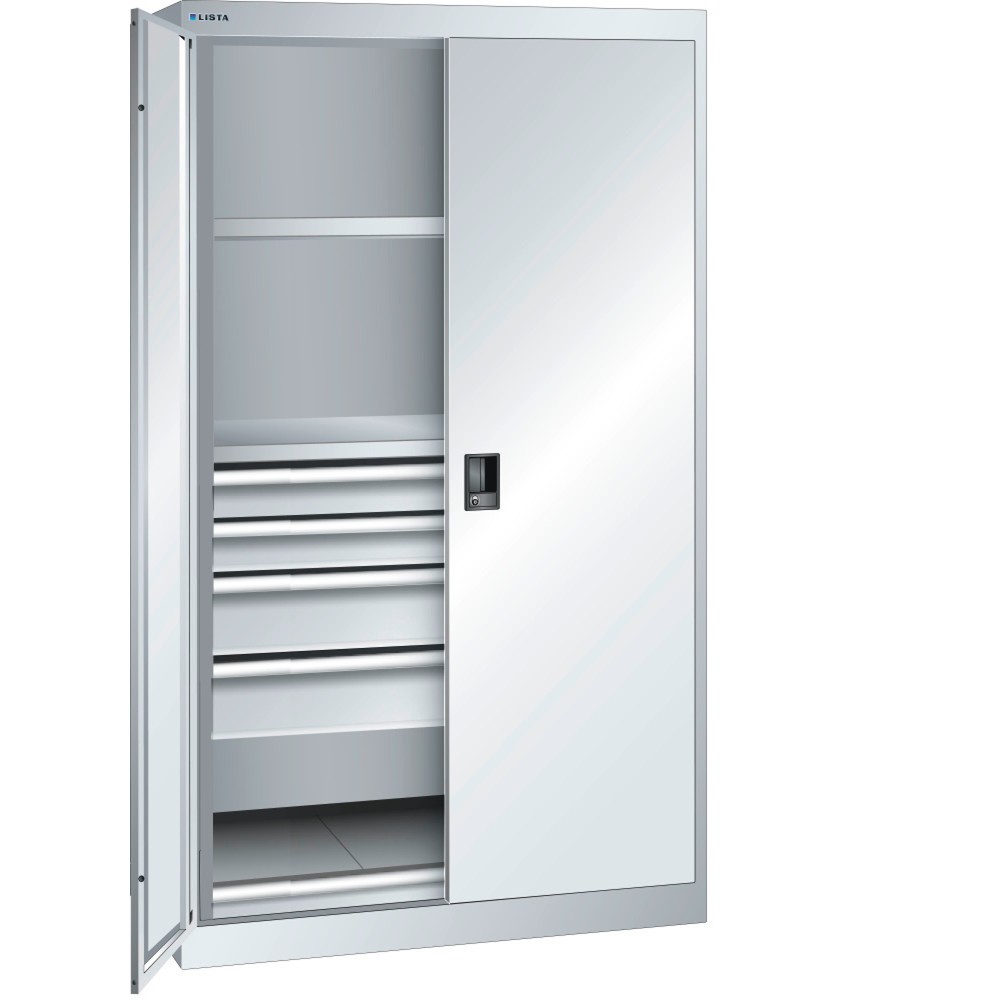 Immagine del prodotto: Armadio LISTA per carichi pesanti 54x27E, (LxPxH) 1100x641x1950mm, 1 vano estraibile, 4 cassetti, grigio chiaro, CODE Lock