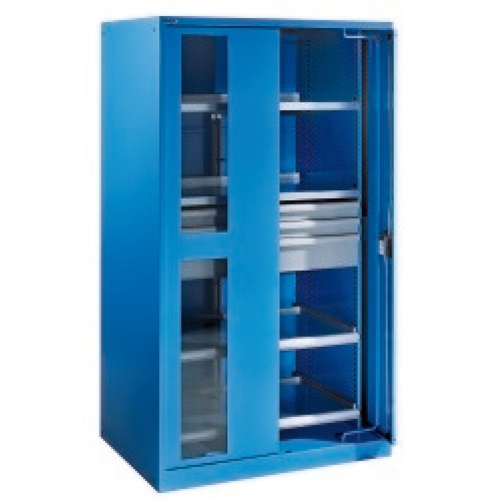 Immagine del prodotto: LISTA Armadio per carichi pesanti con ante scorrevoli + finestra di ispezione, 2 ripiani + 3 cassetti + 2 ripiani estraibili, HxLxP 1.950 x 1.146 x 690 mm, Blu luce