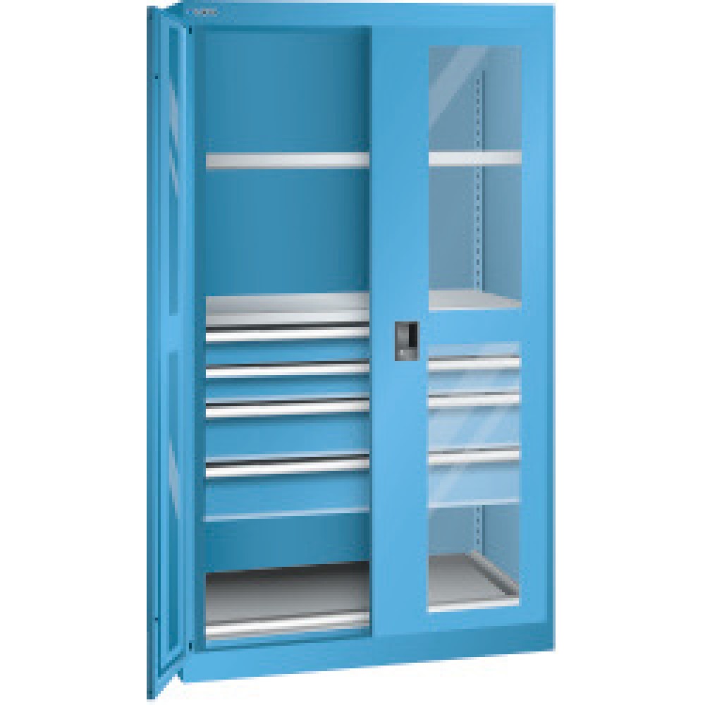 Immagine del prodotto: LISTA Armadio per carichi pesanti con finestra di ispezione, 2 ripiani + 4 cassetti, HxLxP 1.950 x 1.100 x 641 mm, Blu luce