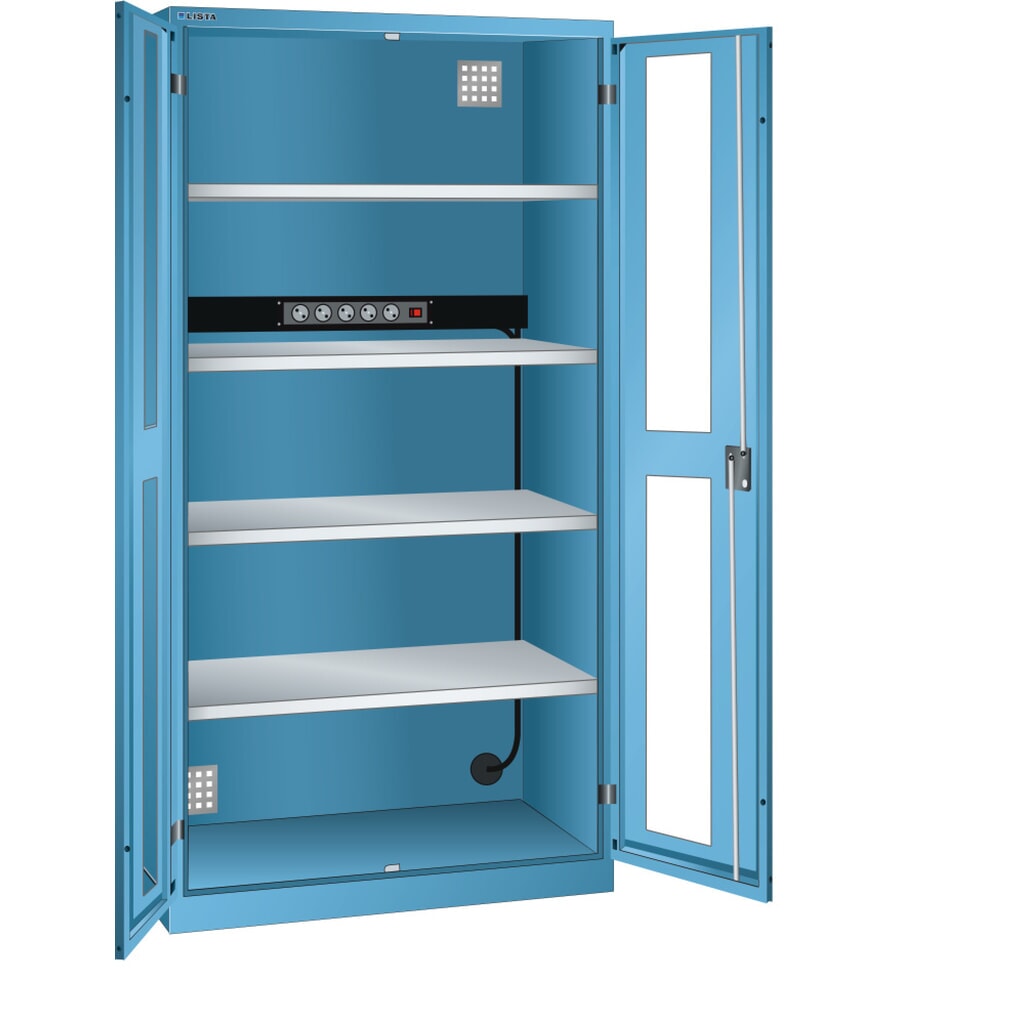 LISTA Armadio per ricarica batterie, (LxPxH) 1000x580x1950mm, 1 barra di alimentazione nella parete posteriore, finestra di ispezione, celeste Immagine del prodotto: LISTA Armadio per ricarica batterie, (LxPxH) 1000x580x1950mm, 1 barra di alimentazione nella parete posteriore, finestra di ispezione, celeste