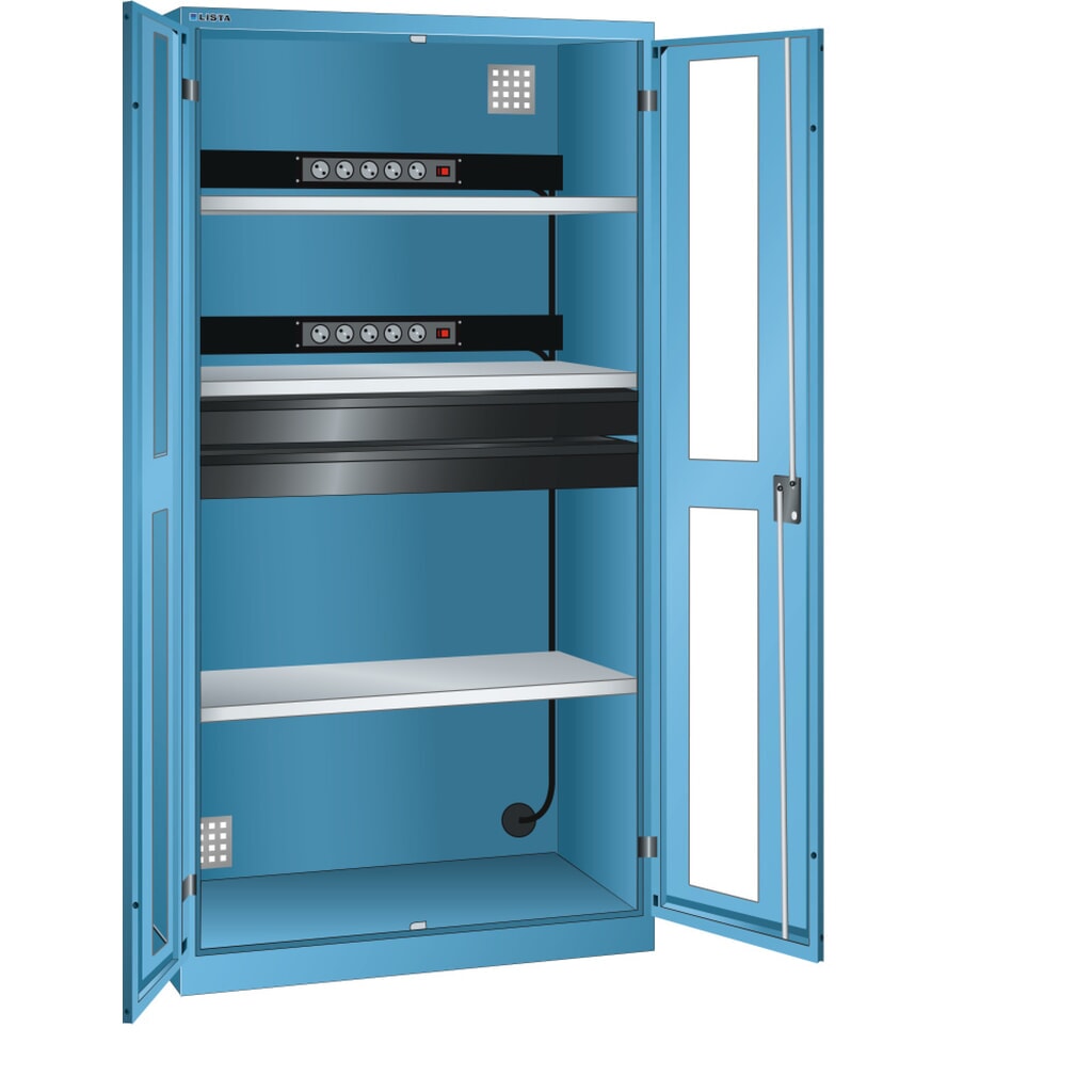 Immagine del prodotto: LISTA Armadio per ricarica batterie, (LxPxH) 1000x580x1950mm, 2 barre di alimentazione, 2 cassetti, celeste