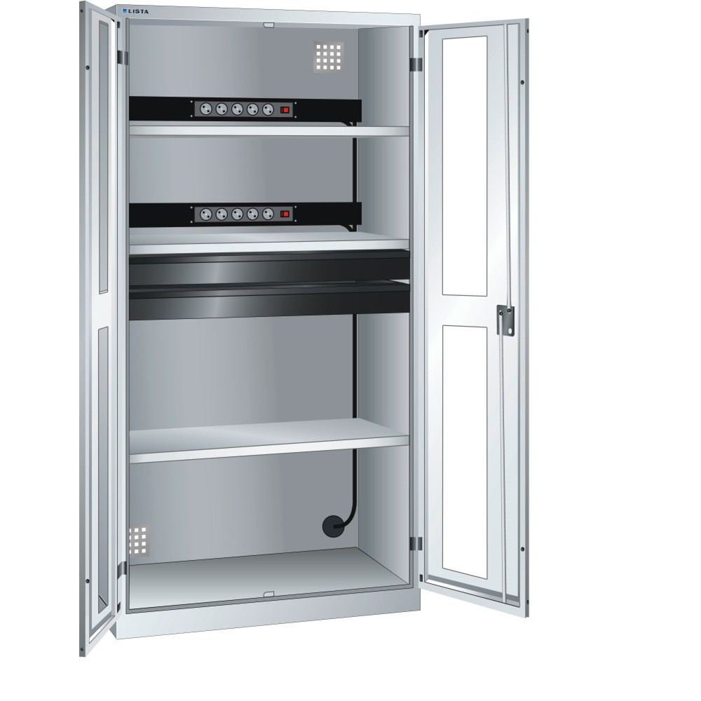 Immagine del prodotto: LISTA Armadio per ricarica batterie, (LxPxH) 1000x580x1950mm, 2 barre di alimentazione, 2 cassetti, grigio chiaro