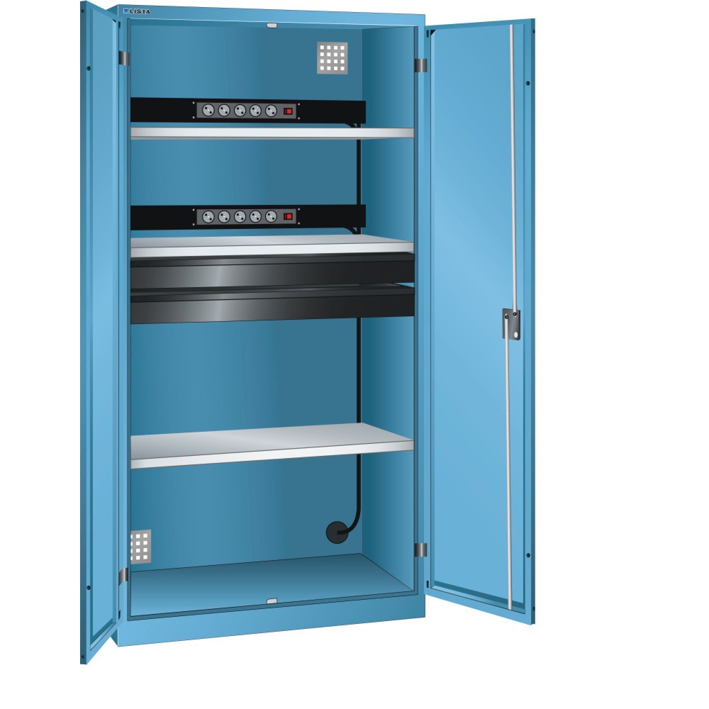 Immagine del prodotto: LISTA Armadio per ricarica batterie, (LxPxH) 1000x580x1950mm, 2 barre di alimentazione nella parete posteriore, 2 cassetti, celeste