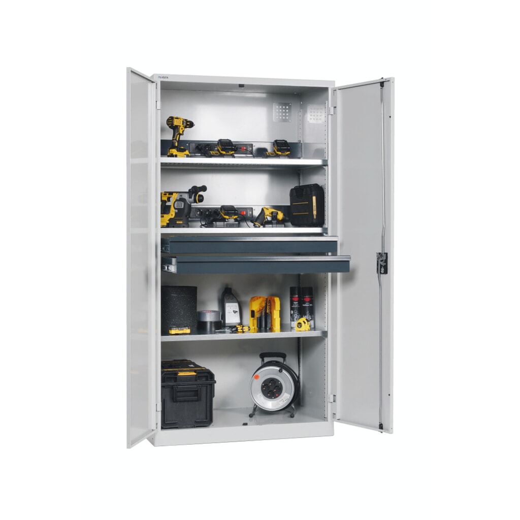 Immagine del prodotto: LISTA Armadio per ricarica batterie, (LxPxH) 1000x580x1950mm, 2 barre di alimentazione nella parete posteriore, 2 cassetti, grigio chiaro