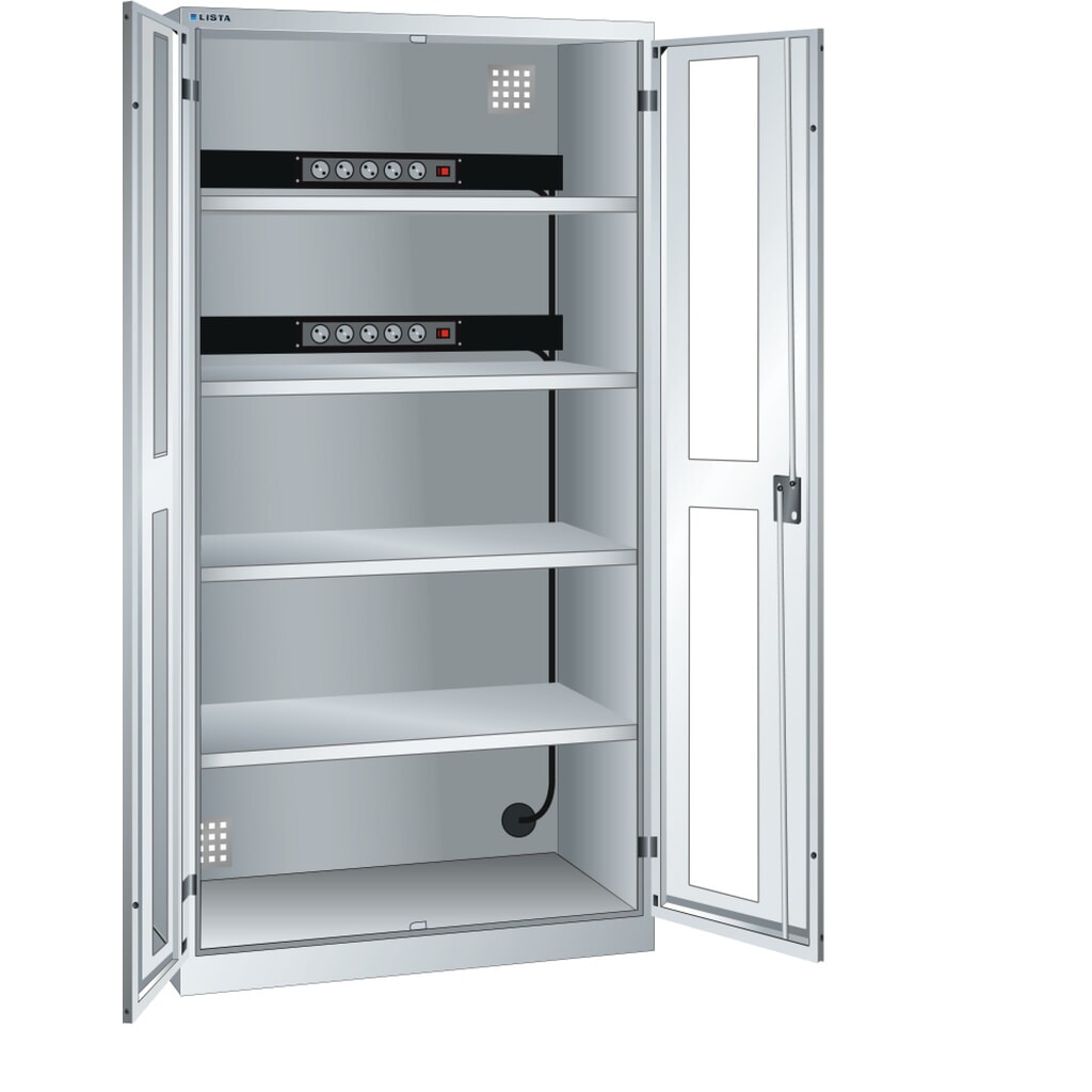 Immagine del prodotto: LISTA Armadio per ricarica batterie, (LxPxH) 1000x580x1950mm, 2 barre di alimentazione nella parete posteriore, finestra di ispezione, grigio chiaro