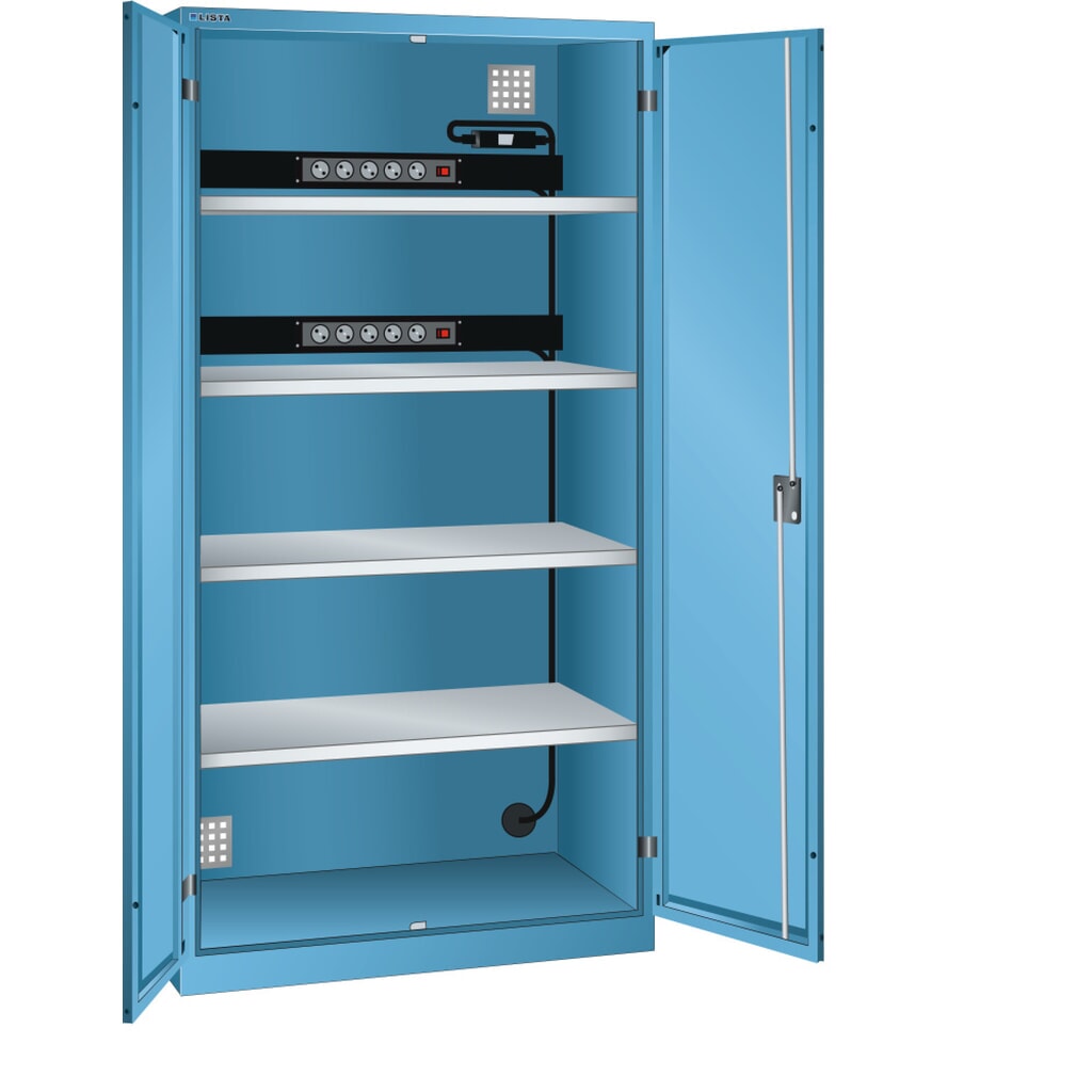 LISTA Armadio per ricarica batterie, (LxPxH) 1000x580x1950mm, 2 barre di alimentazione nella parete posteriore, interruttore magnetotermico differenziale, celeste Immagine del prodotto: LISTA Armadio per ricarica batterie, (LxPxH) 1000x580x1950mm, 2 barre di alimentazione nella parete posteriore, interruttore magnetotermico differenziale, celeste