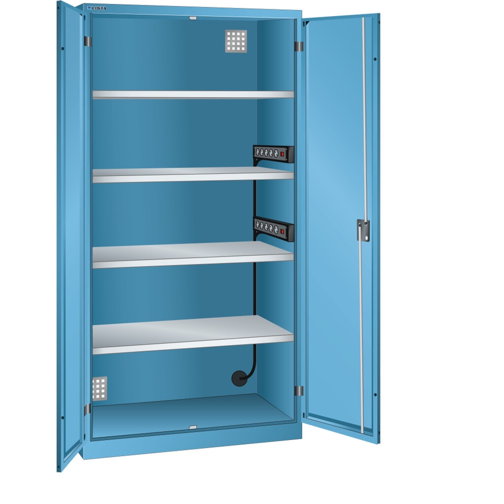 LISTA Armadio per ricarica batterie, (LxPxH) 1000x580x1950mm, 2 pareti laterali con barra di alimentazione, celeste Immagine del prodotto: LISTA Armadio per ricarica batterie, (LxPxH) 1000x580x1950mm, 2 pareti laterali con barra di alimentazione, celeste