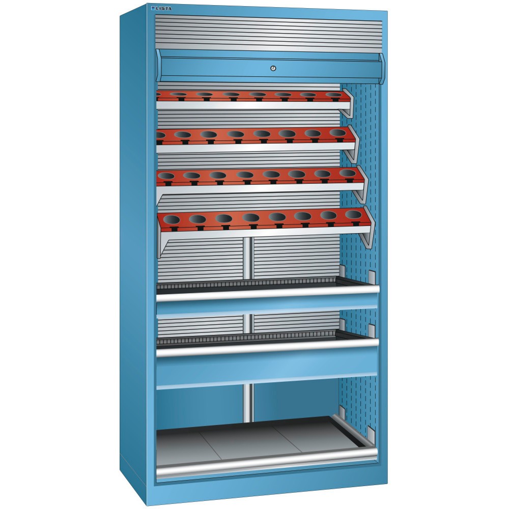Immagine del prodotto: LISTA Armadio per utensili di precisione 54x27E, (LxPxH) 1038x691x1950mm, senza ISO-SK 50, 32 supporti, celeste