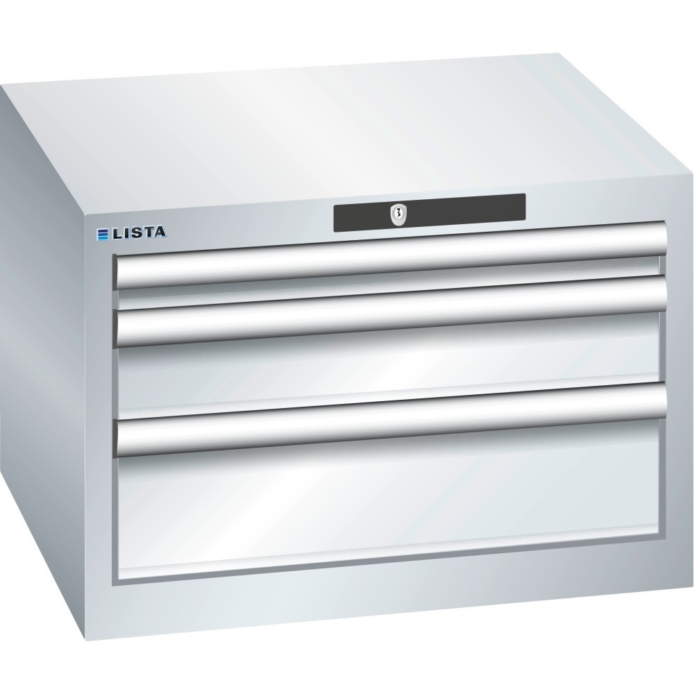 Immagine del prodotto: LISTA Cassettiera 27x27E, (LxPxH) 564x572x383mm, 3 cassetti, 1 x 50 / 1 x 100 / 1 x 150, grigio chiaro, KEY Lock