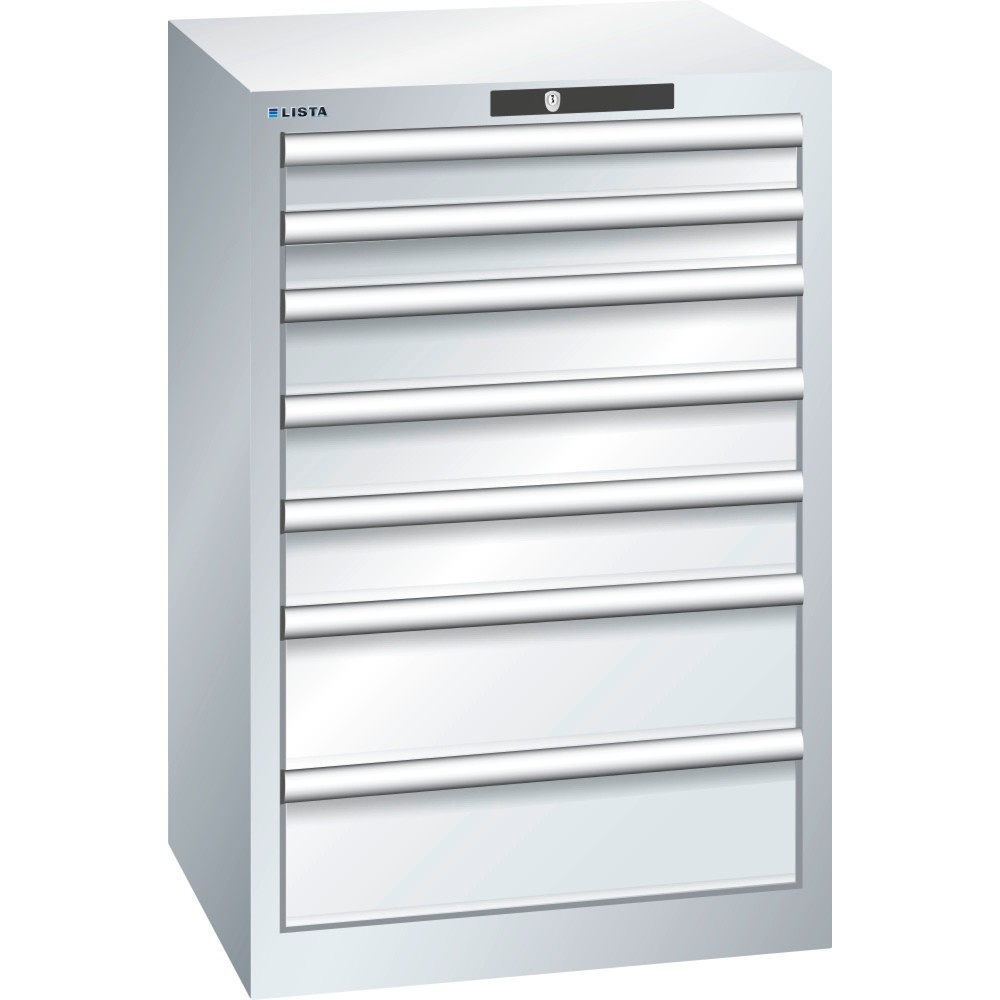 Immagine del prodotto: LISTA Cassettiera 27x27E, (LxPxH) 564x572x850mm, 7 cassetti, 2 x 75 / 3 x 100 / 2 x 150, grigio chiaro, KEY Lock