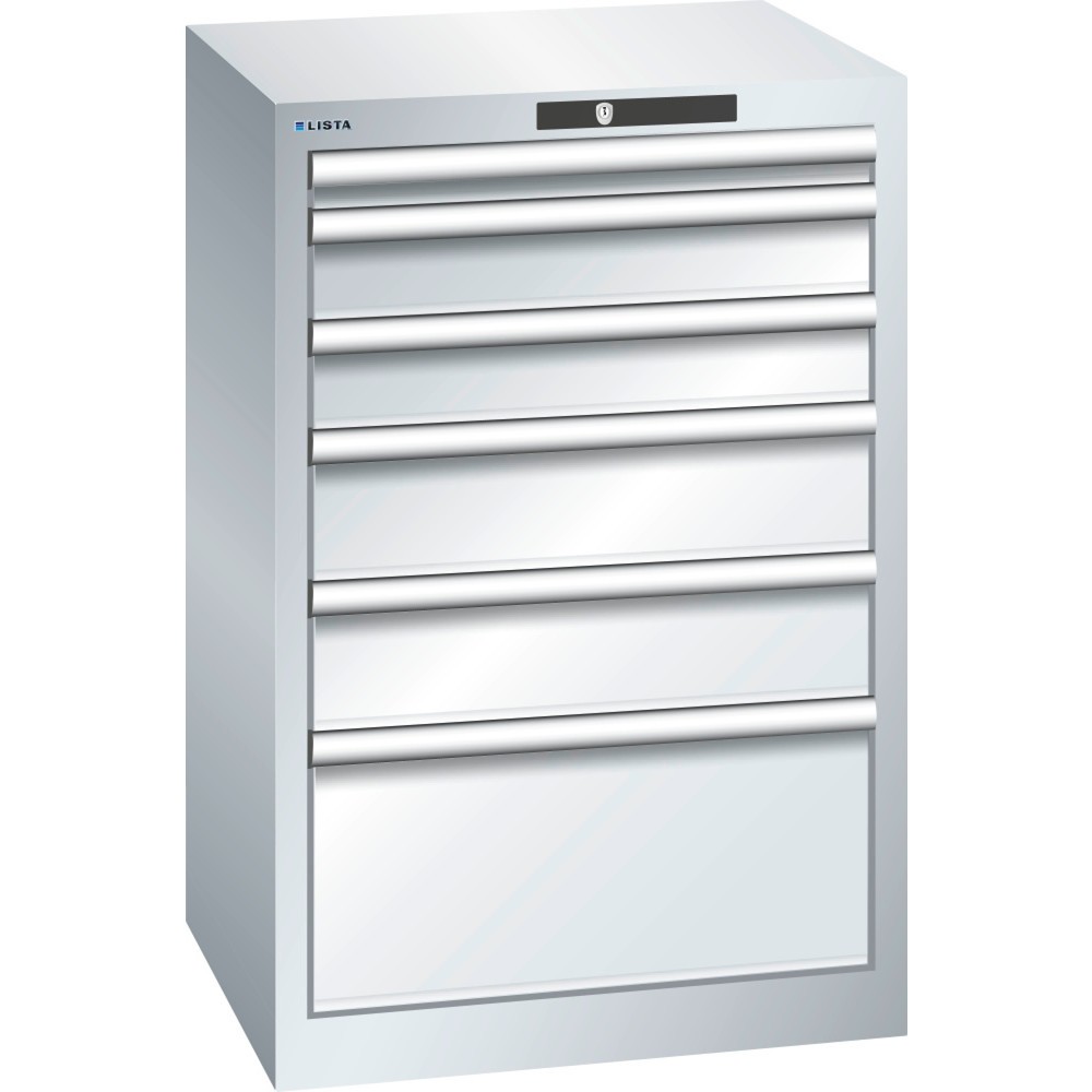 Immagine del prodotto: LISTA Cassettiera 27x27E, (LxPxH) 564x572x850mm, 6 cassetti, altezze frontali 50-200mm, grigio chiaro, RFID Lock