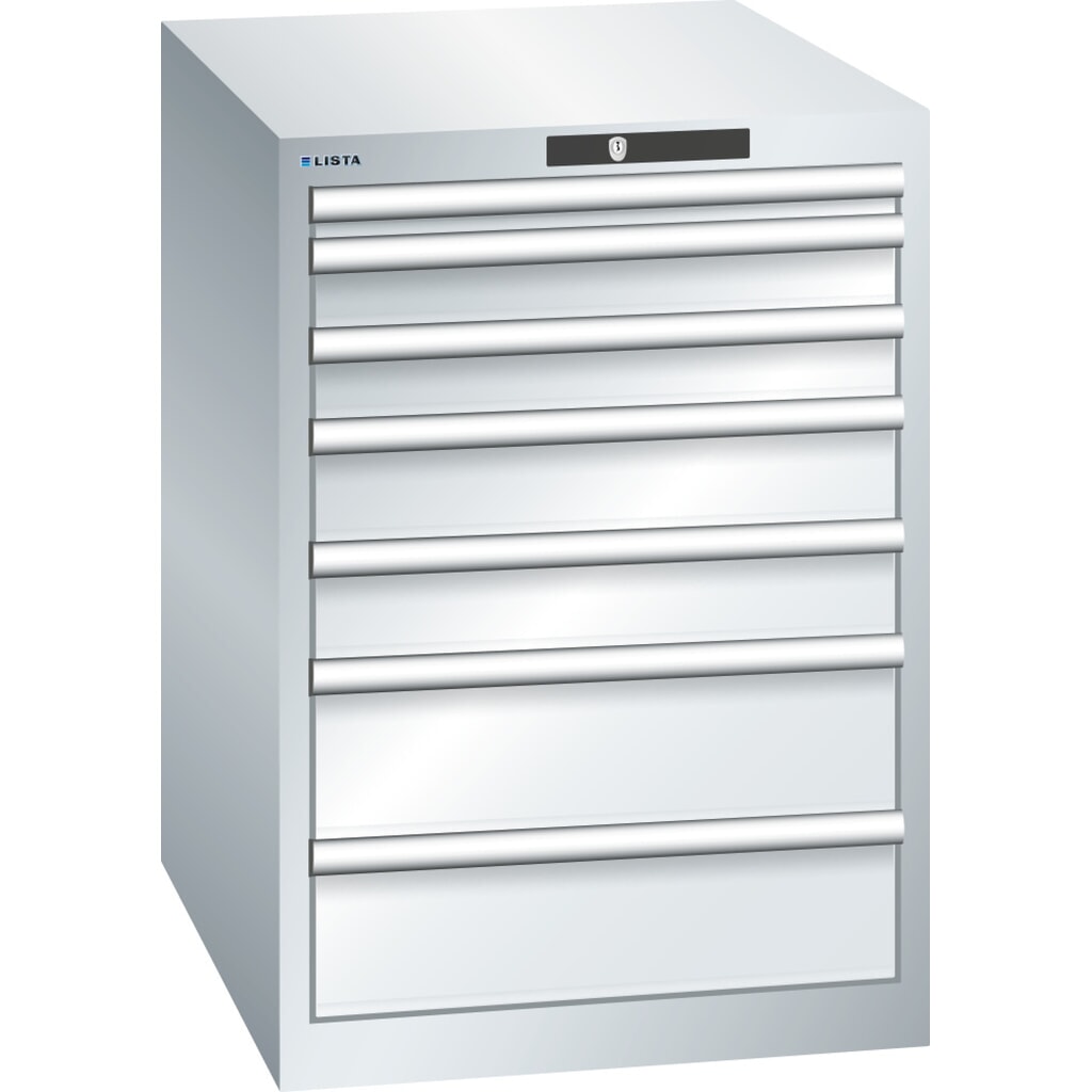 LISTA Cassettiera 27x36E, (LxPxH) 564x725x800mm, 7 cassetti, altezze frontali 50-150mm, grigio chiaro, KEY Lock Immagine del prodotto: LISTA Cassettiera 27x36E, (LxPxH) 564x725x800mm, 7 cassetti, altezze frontali 50-150mm, grigio chiaro, KEY Lock