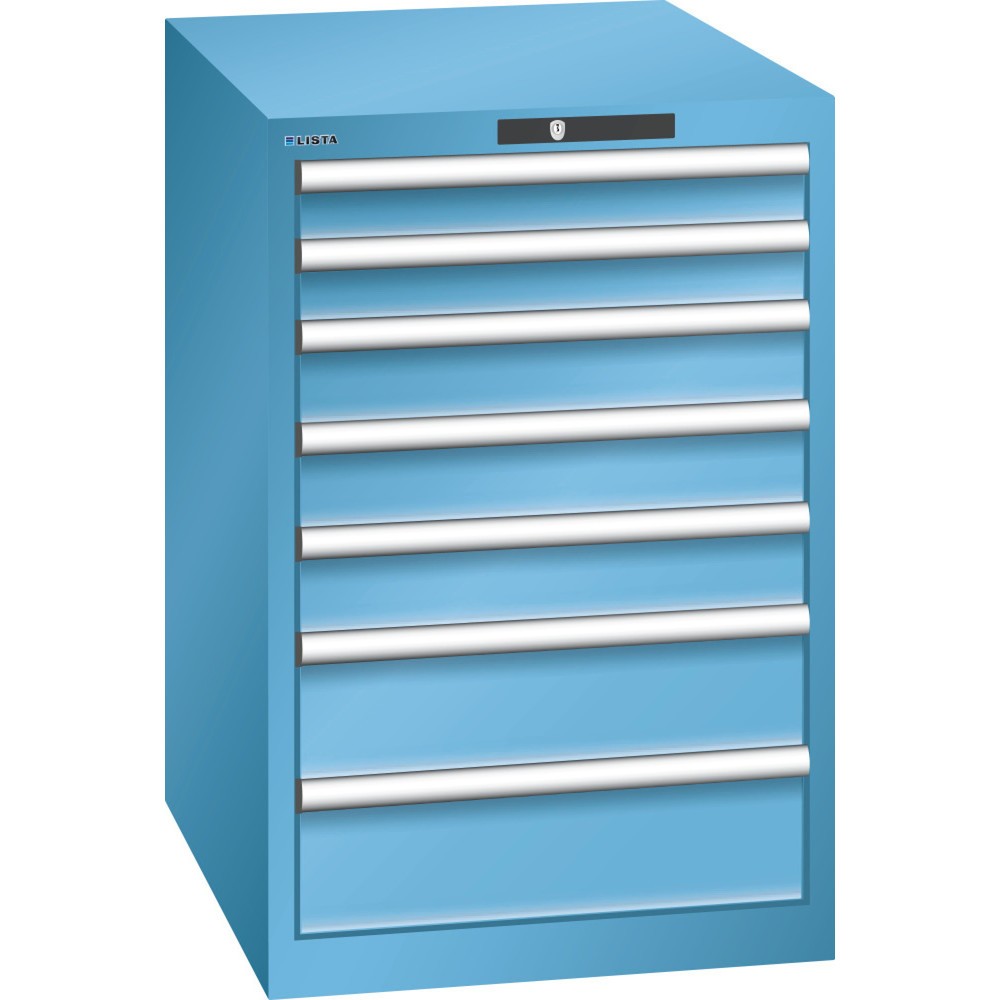 Immagine del prodotto: LISTA Cassettiera 27x36E, (LxPxH) 564x725x850mm, 7 cassetti, 2 x 75 / 3 x 100 / 2 x 150, celeste, AUTO Lock