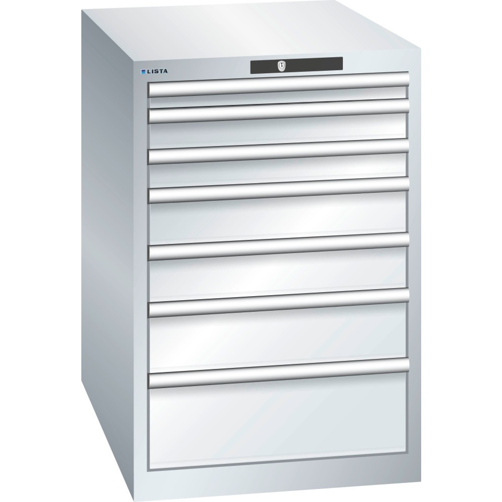 Immagine del prodotto: LISTA Cassettiera 27x36E, (LxPxH) 564x725x850mm, 7 cassetti, altezze frontali 50-200mm, grigio chiaro, CODE Lock