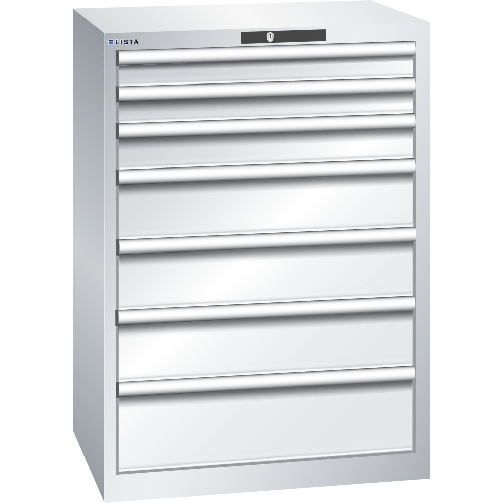 Immagine del prodotto: LISTA Cassettiera 36x27E, (LxPxH) 717x572x1000mm, 7 cassetti, altezze frontali 75-200mm, grigio chiaro, KEY Lock