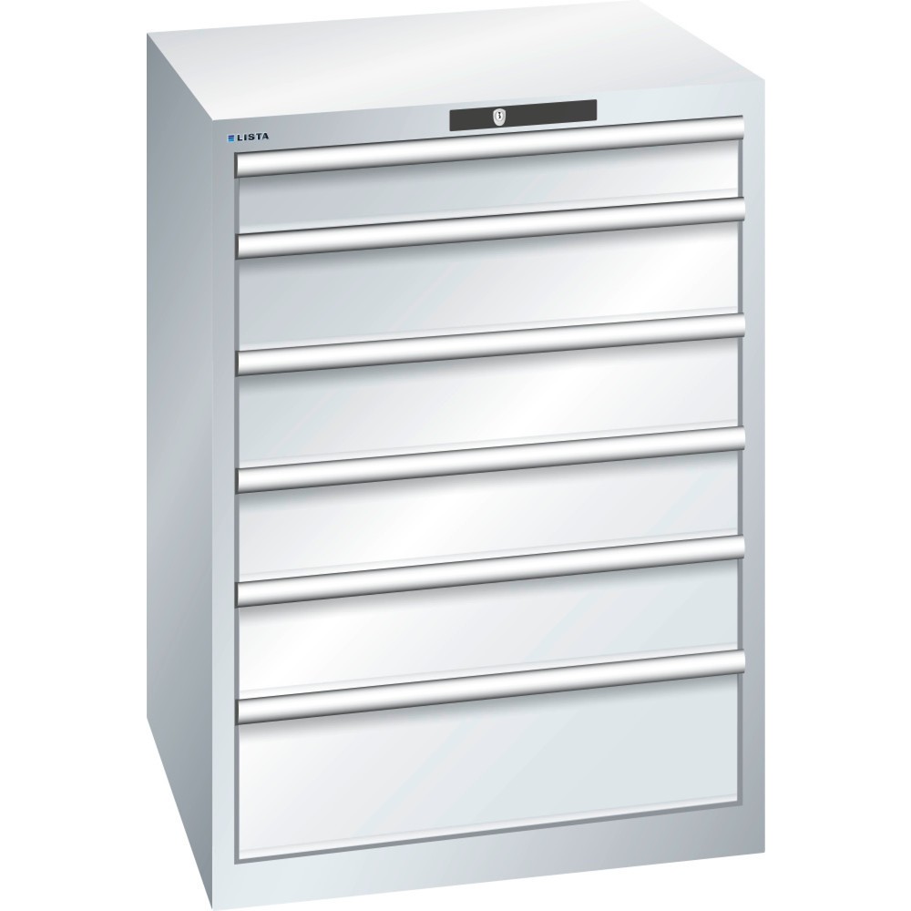 Immagine del prodotto: LISTA Cassettiera 36x36E, (LxPxH) 717x725x1000mm, 6 cassetti, 1 x 100 / 4 x 150 / 1 x 200, grigio chiaro, KEY Lock