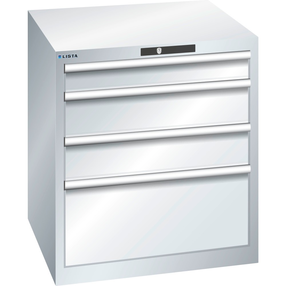Immagine del prodotto: LISTA Cassettiera 36x36E, (LxPxH) 717x725x800mm, 4 cassetti, 1 x 100 / 2 x 150 / 1 x 300, grigio chiaro, KEY Lock