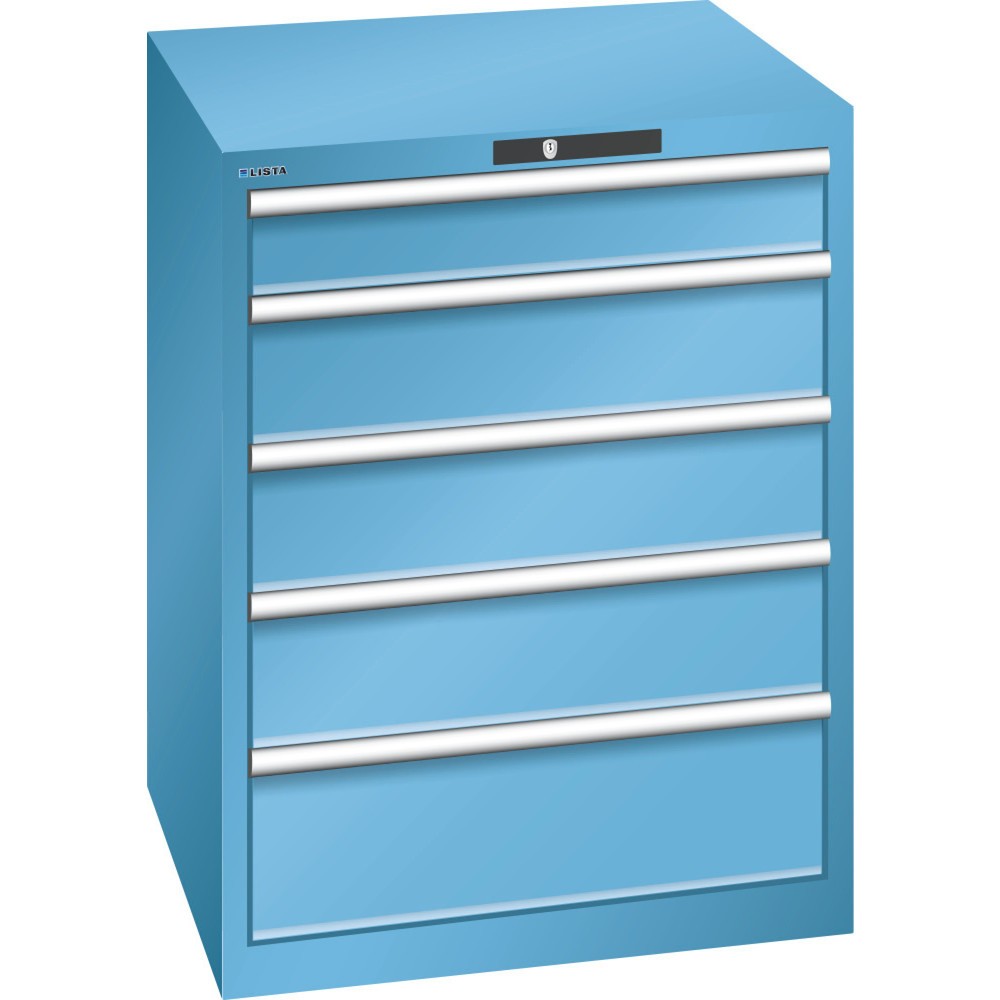Immagine del prodotto: LISTA Cassettiera 36x36E, (LxPxH) 717x725x850mm, 5 cassetti, 1 x 100 / 3 x 150 / 1 x 200, celeste, KEY Lock