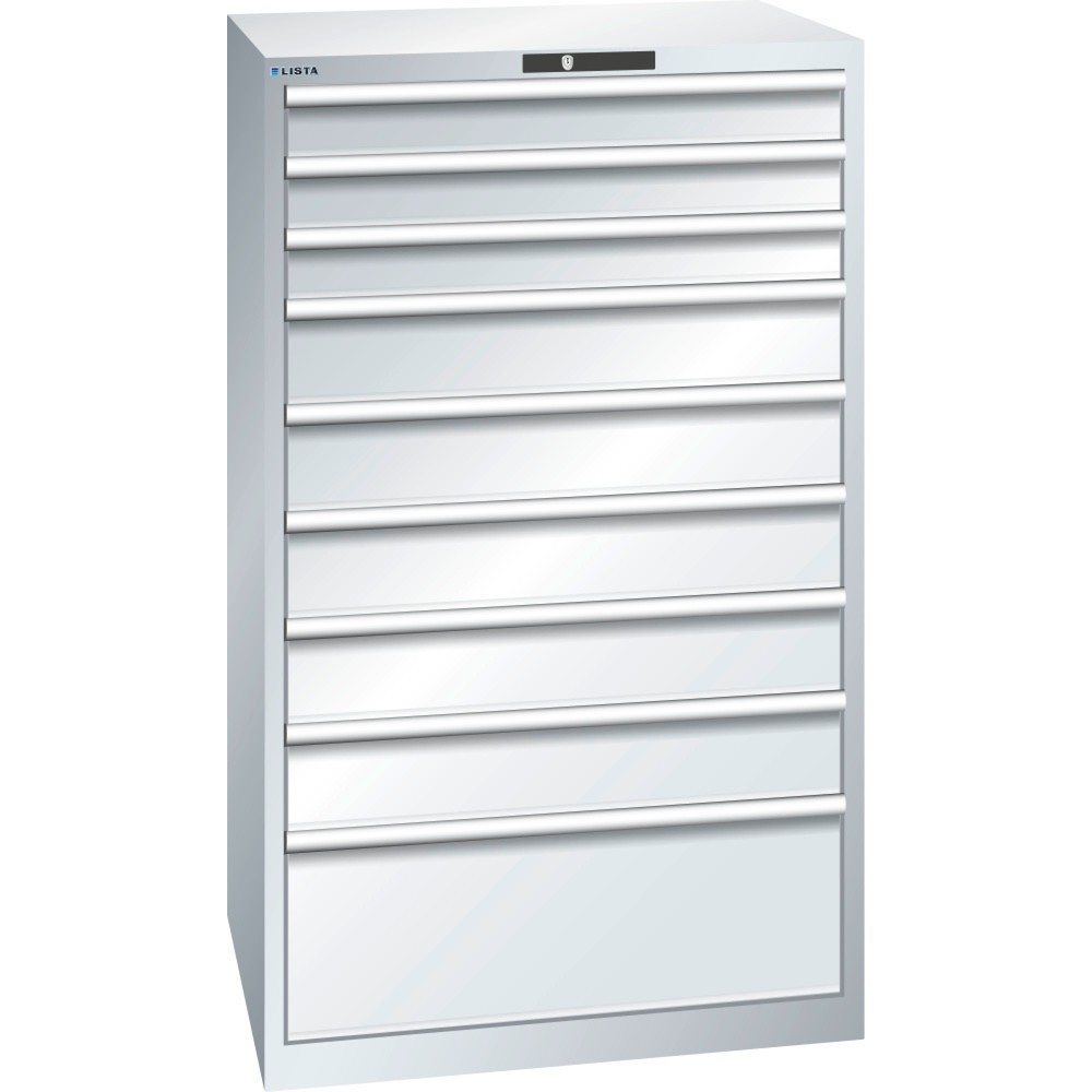 Immagine del prodotto: LISTA Cassettiera 45x36E, (LxPxH) 870x725x1450mm, 9 cassetti, 3 x 100 / 5 x 150 / 1 x 300, grigio chiaro, KEY Lock