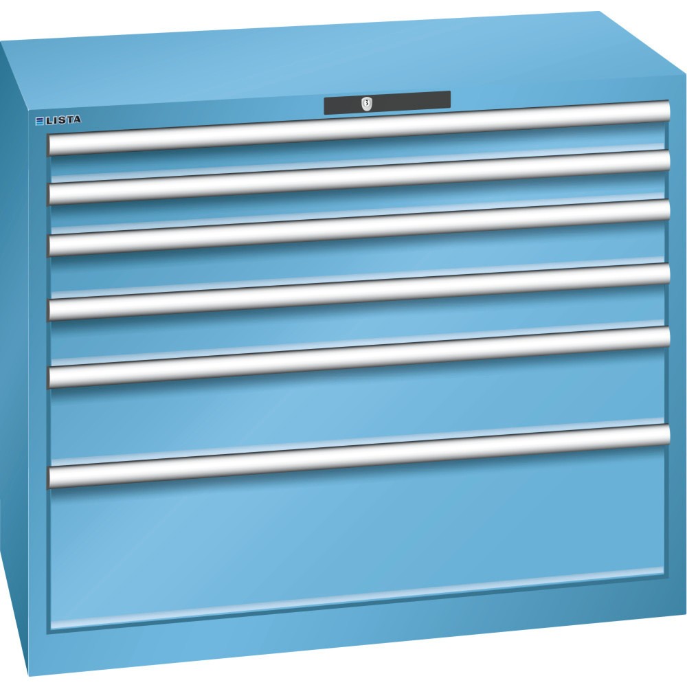 Immagine del prodotto: LISTA Cassettiera 54x27E, (LxPxH) 1023x572x850mm, 6 cassetti, altezze frontali 75-250mm, celeste, KEY Lock
