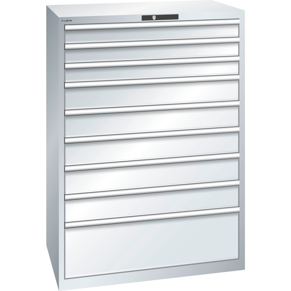 Immagine del prodotto: LISTA Cassettiera 54x36E, (LxPxH) 1023x725x1450mm, 9 cassetti, 3 x 100 / 5 x 150 / 1 x 300, grigio chiaro, KEY Lock