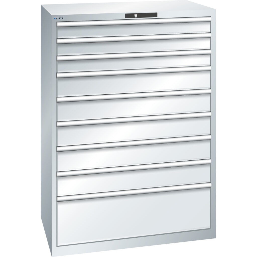 Immagine del prodotto: LISTA Cassettiera per carichi pesanti 54x36E, (LxPxH) 1023x725x1450mm, 9 cassetti portata 200 kg, grigio chiaro, KEY Lock