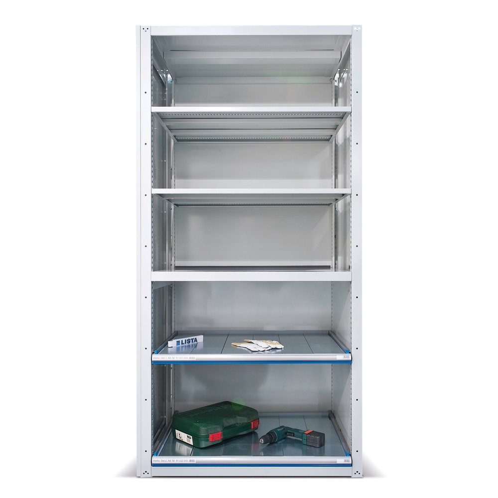 Immagine del prodotto: Scaffalatura con cassetti Premium LISTA, campata base, 2 ripiani estraibili, grigio chiaro