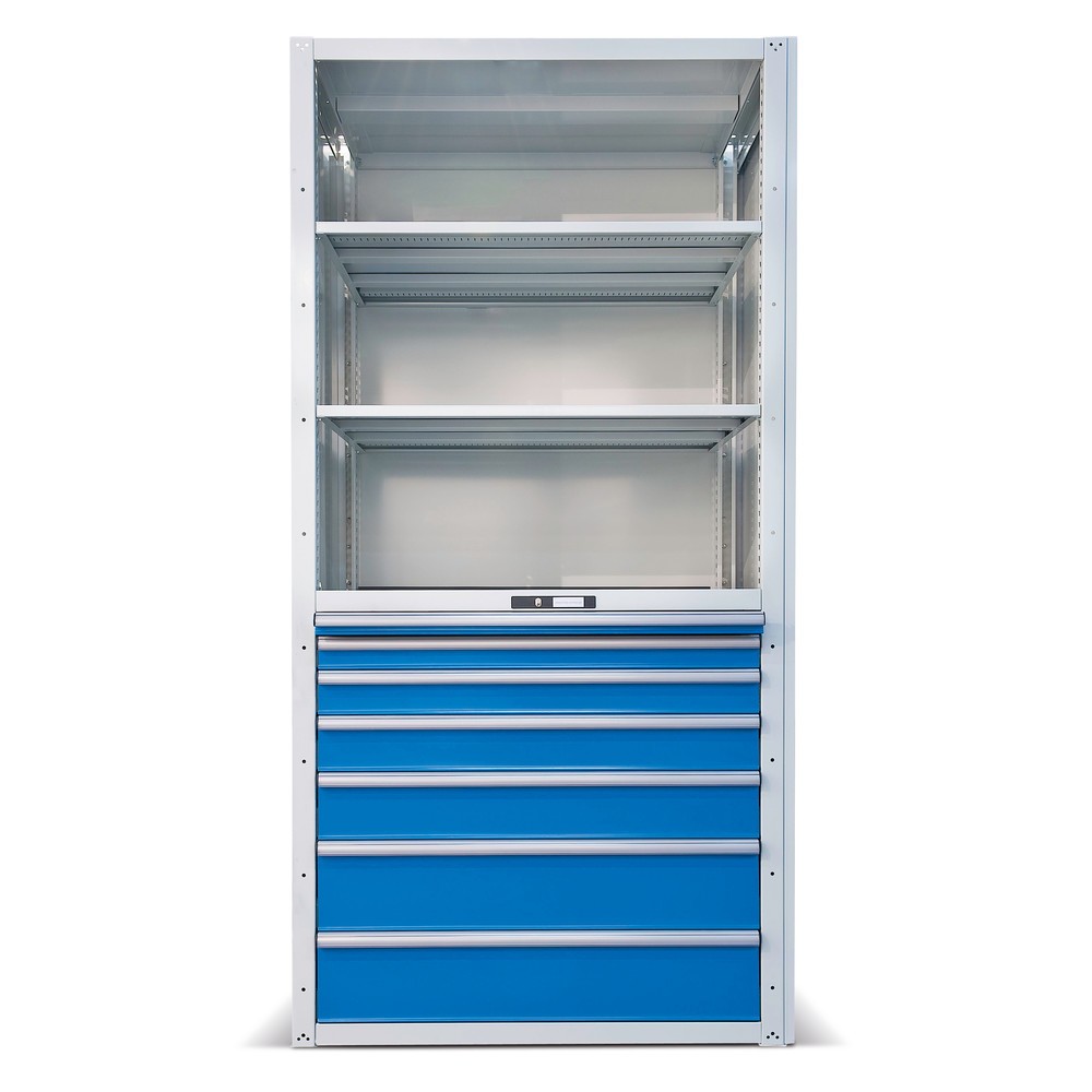 Immagine del prodotto n. 2: LISTA Scaffalatura con cassetti Premium, campata base, 4 cassetti, grigio chiaro, Blu luce