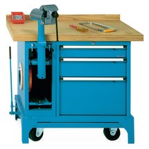 Banco da lavoro RAU serie 8000 con telaio abbassabile, 2 contenitori con base, 1 cassetto, 1 anta battente, morsa, altezza 880 mm