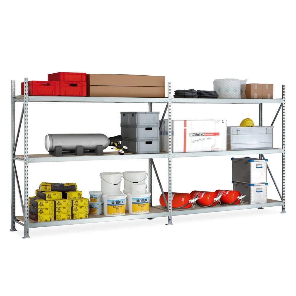 Immagine del prodotto: Pacchetto completo scaffalatura a campata larga META, con pannelli in truciolato, portata per piano 600 kg, AxLxP 2.200 x 3.600 x 650 mm