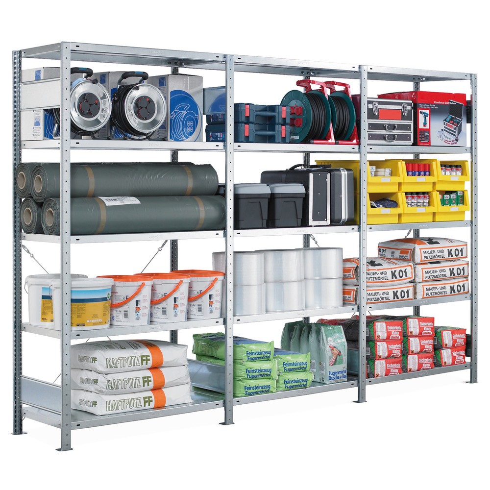Immagine del prodotto: Pacchetto completo di scaffalature zincate SCHULTE sistema a incastro, portata per piano di 250 kg, AxLxP 2.000 x 3.000 x 400 mm