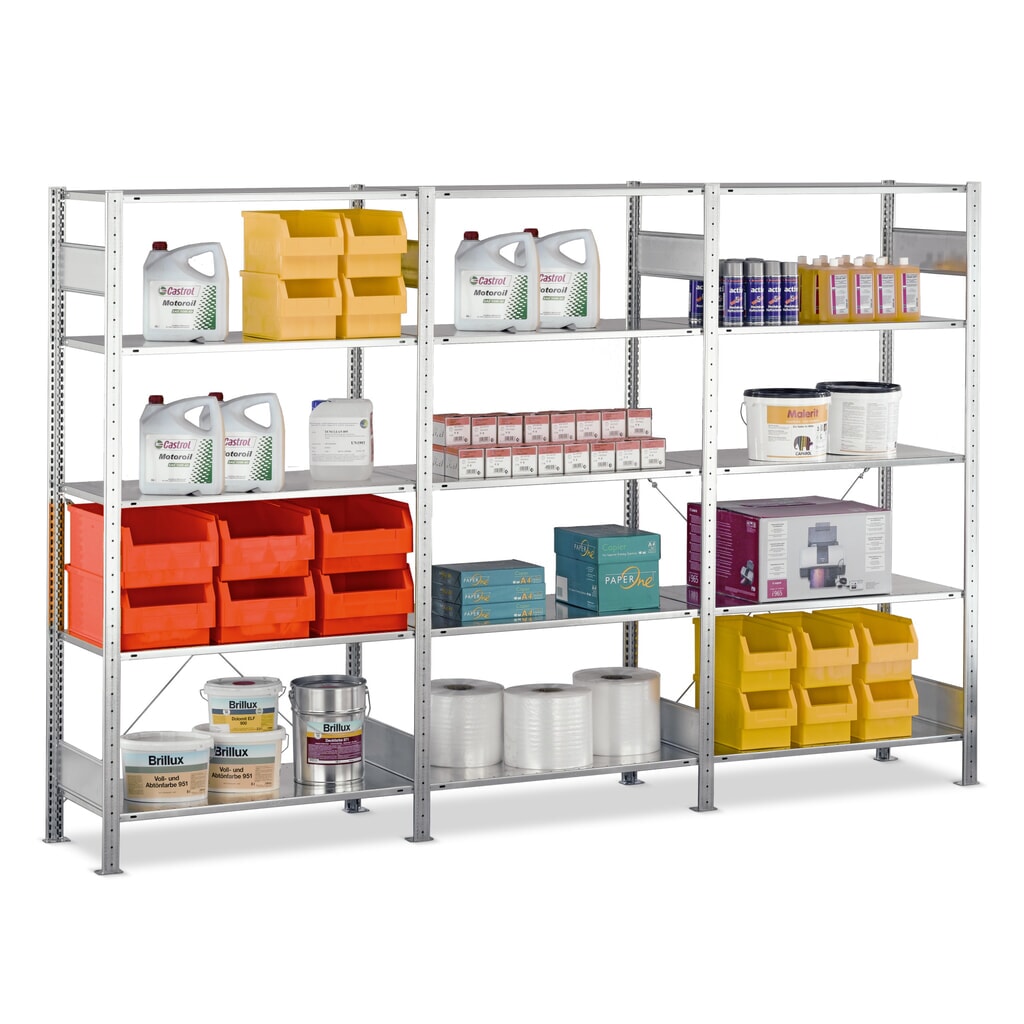 Scaffalatura completa SCHULTE zincata con 15 fondi in lamiera d'acciaio, portata per piano di 150 kg, AxLxP 2.000 x 3.072 x 336 mm Immagine del prodotto: Scaffalatura completa SCHULTE zincata con 15 fondi in lamiera d'acciaio, portata per piano di 150 kg, AxLxP 2.000 x 3.072 x 336 mm