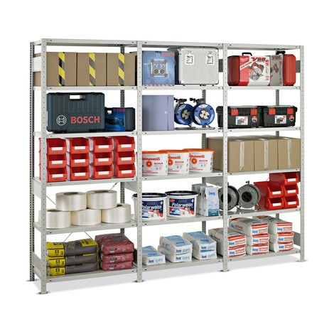 Pacchetto completo scaffalatura a ripiani SCHULTE, portata per piano 150 kg, grigio chiaro