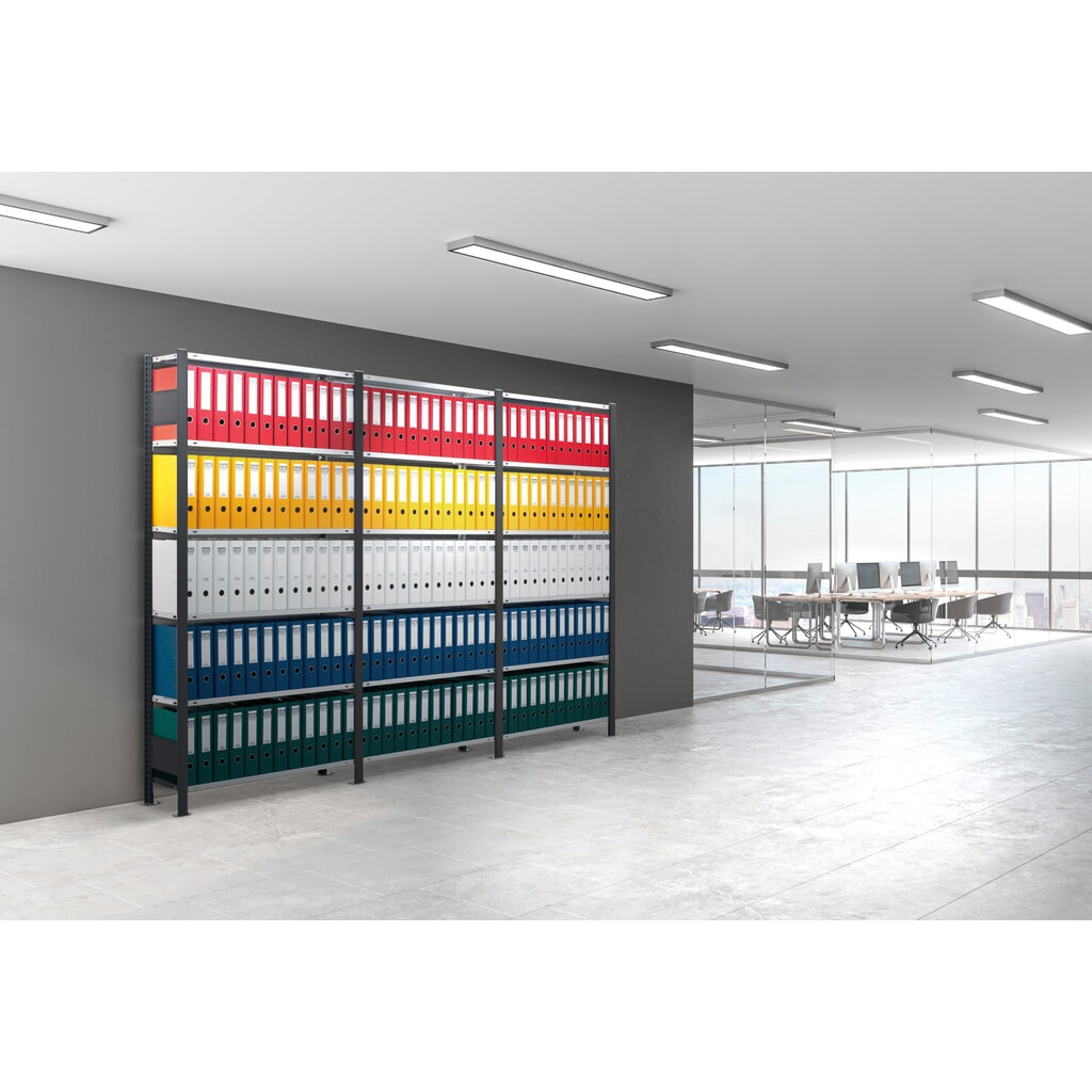 Immagine del prodotto n. 3: Pacchetto completo per scaffalatura per documenti SCHULTE, monofronte, portata per piano 85 kg, HxLxP 2.000 x 3.000 x 300 mm, nero