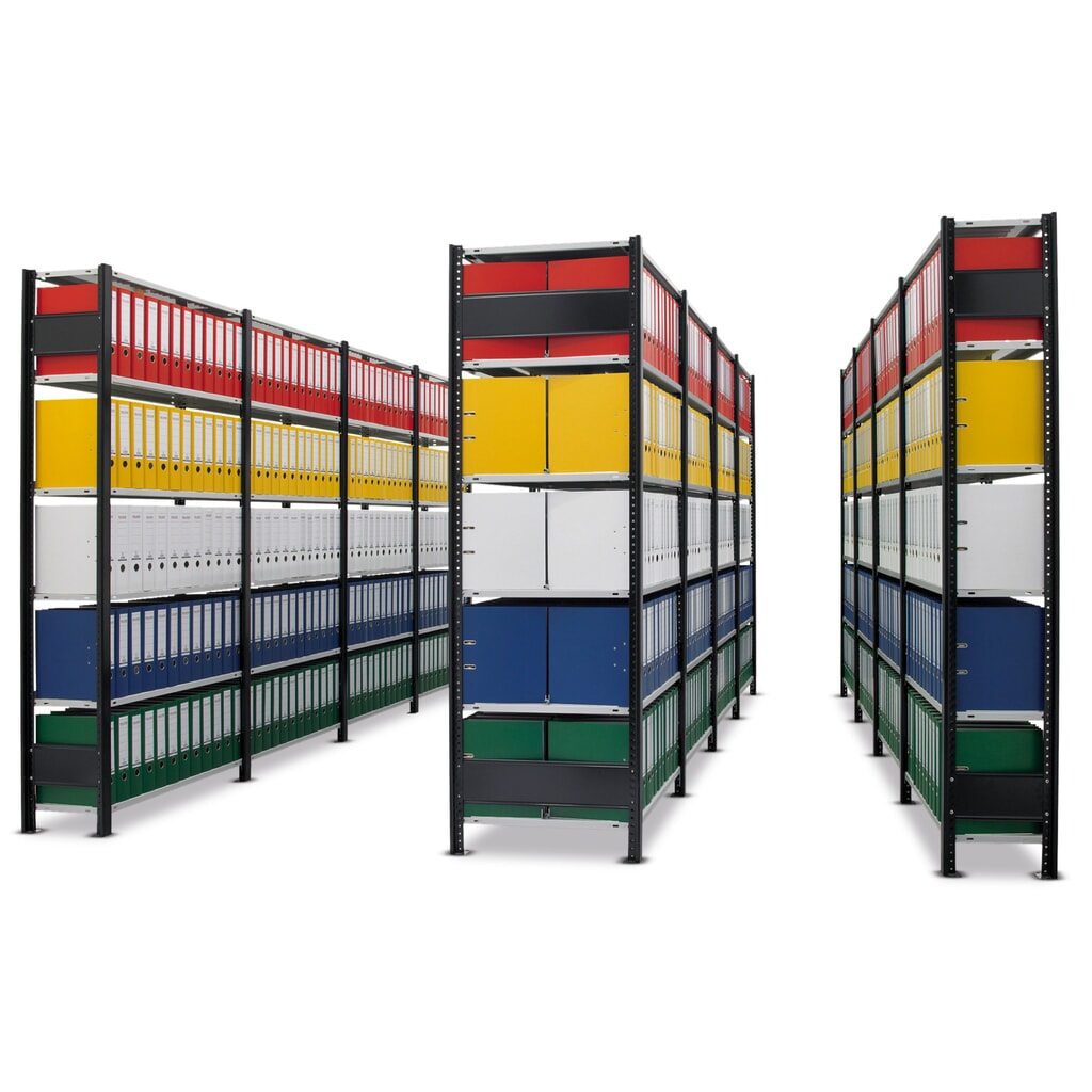 Immagine del prodotto n. 5: Scaffalatura per documenti SCHULTE campata aggiuntiva, monofronte, con spondine posteriori, portata per piano 85 kg, nero, AxLxP 2.000 x 750 x 300 mm