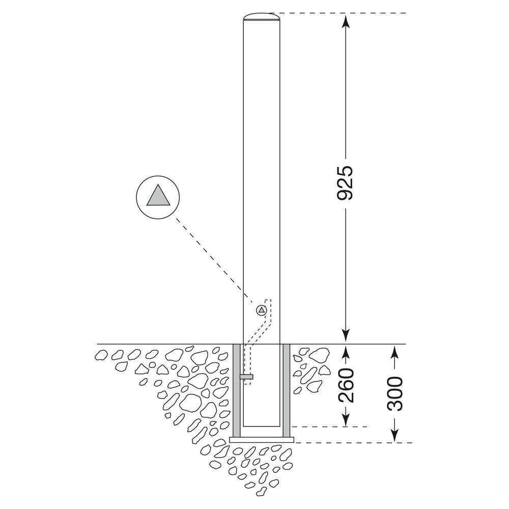 Immagine del prodotto n. 2: Paletto in acciaio inox MORAVIA MILANO, rimovibile con bocchetta per pavimenti, chiusura triangolare, AxØ 925 (+260) x 76 mm