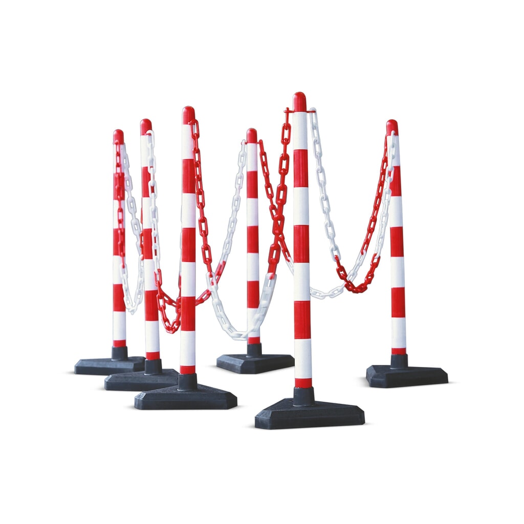 Immagine del prodotto n. 1: Set di paletti per catena, piedino in gomma dura (triangolare), rosso/bianco