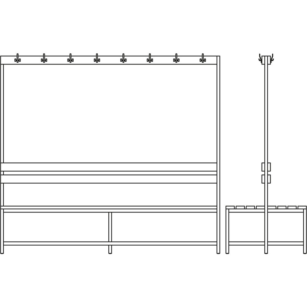 Immagine del prodotto n. 2: Panca da spogliatoio HEMMDAL HUB-1, a 2 lati, con barra ganci e scarpiera, lunghezza 2.000 mm