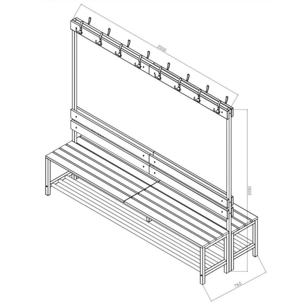 Immagine del prodotto n. 3: Panca da spogliatoio HEMMDAL HUB-1, a 2 lati, con barra ganci e scarpiera, lunghezza 2.000 mm