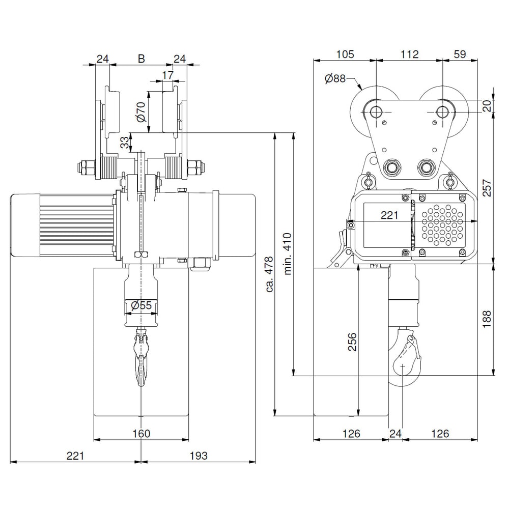 Immagine del prodotto n. 7: Paranco elettrico LIFTKET S-Line con carrello manuale, portata 250 kg, 8/2 m/min