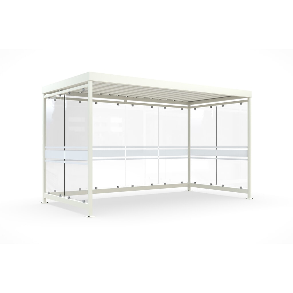 Immagine del prodotto: Pensilina per fumatori wsm®, completamente montata, per 9-10 persone, 8 elementi, RAL 9002 grigio-bianco, con decorazioni in vetro