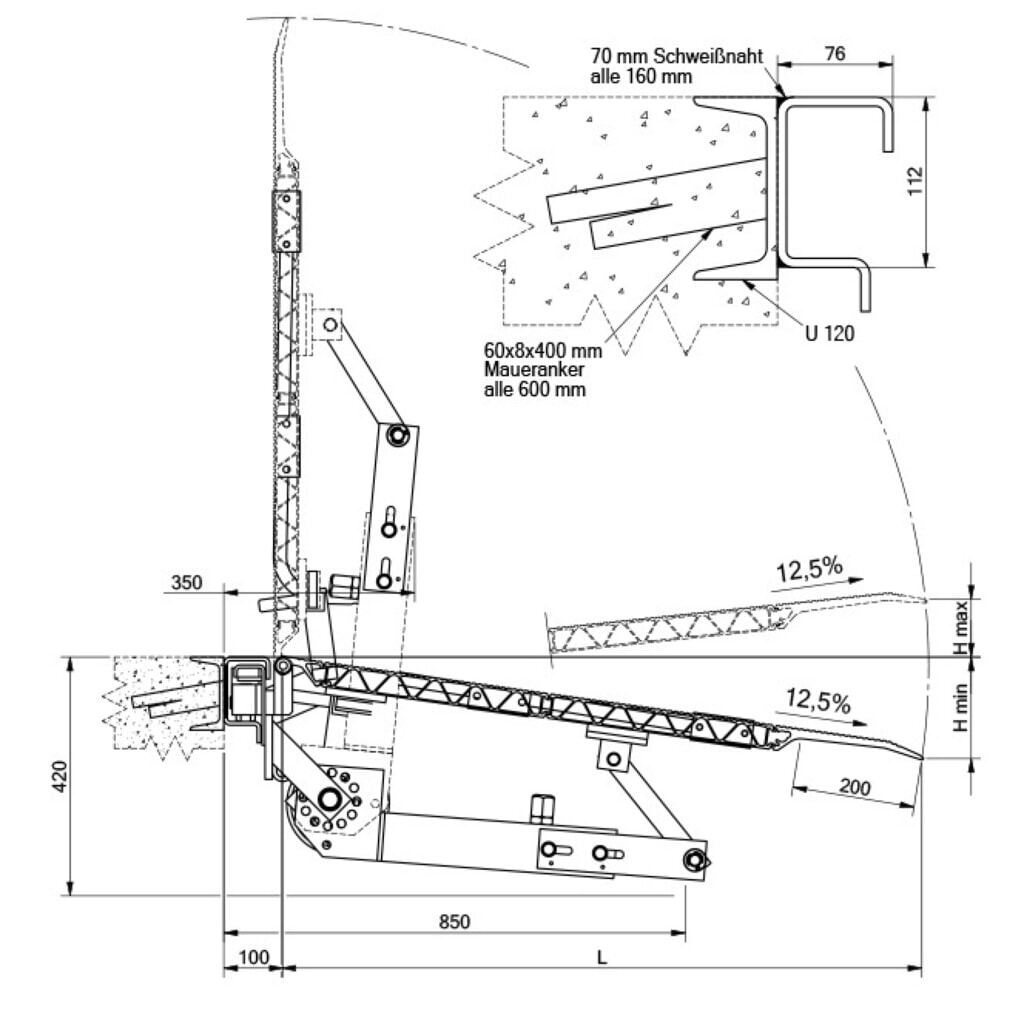 Immagine del prodotto n. 3: Ponte basculante, a molla con dispositivo di sicurezza anti-caduta, portata 2.500 kg, LxL 1.250 x 1.315 mm