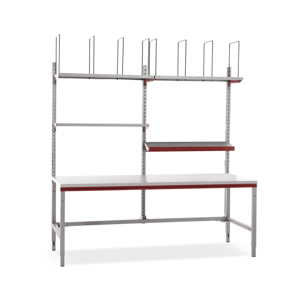 Immagine del prodotto: Rocholz tavolo di confezionamento regolabile manualmente in altezza FLEX, configurazione con piani di appoggio e divisori per scomparti, AxLxP 690-960 x 2.000 x 800 mm