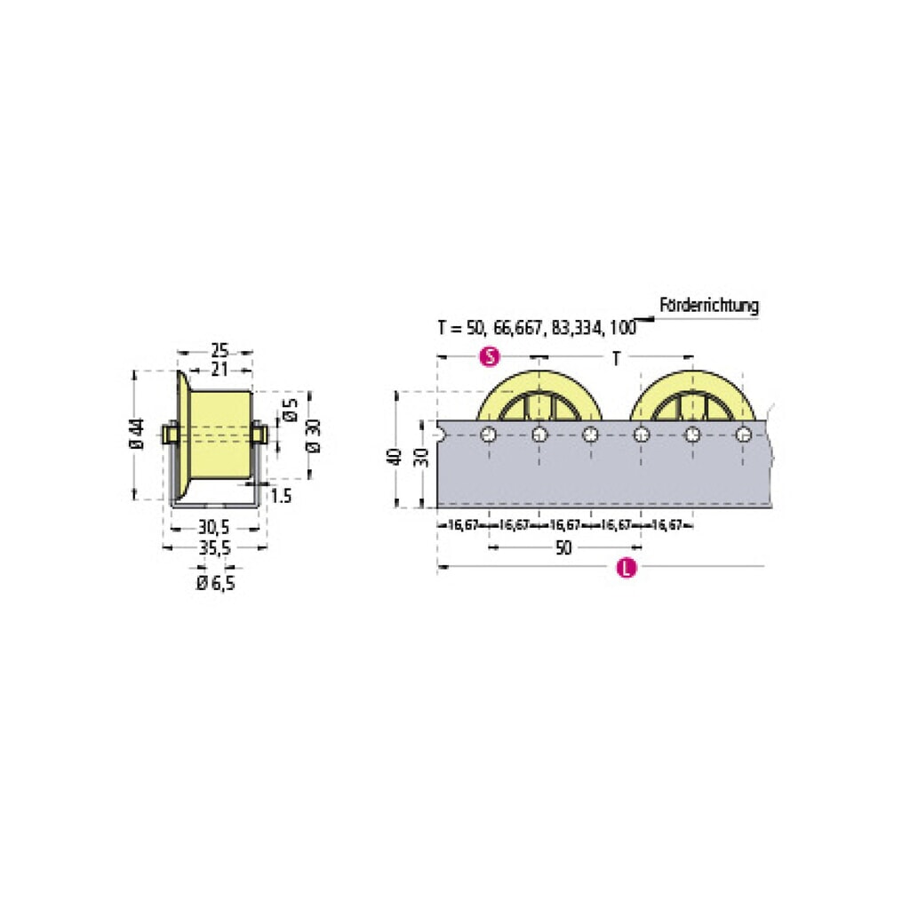 Immagine del prodotto n. 2: Profilo a U con rullini, rullo per GM, passo 50 mm, portata per rullo 12 kg